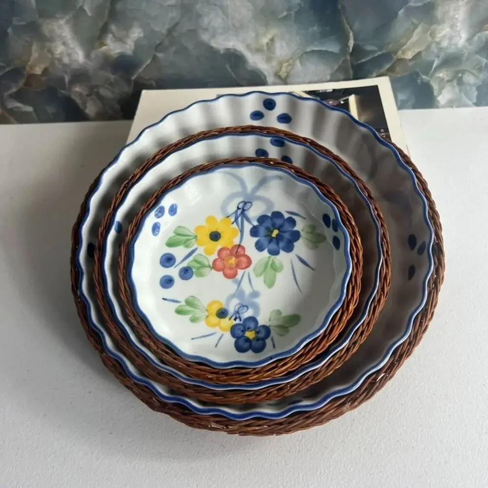 Vintage Set Of 3 Ceramic Quiche Dishes Hand Painted Florals Accessory Baskets